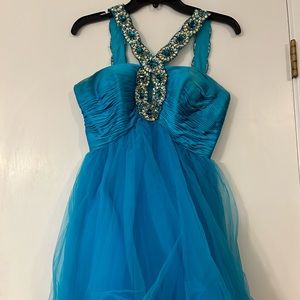 Sherri Hill Blue Cross Straps Sequin Dress
